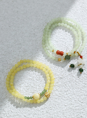 新中式国风蜜蜡碧玉纳福双圈手串