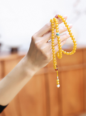 鸡油黄蜜蜡108颗多圈手串项链女