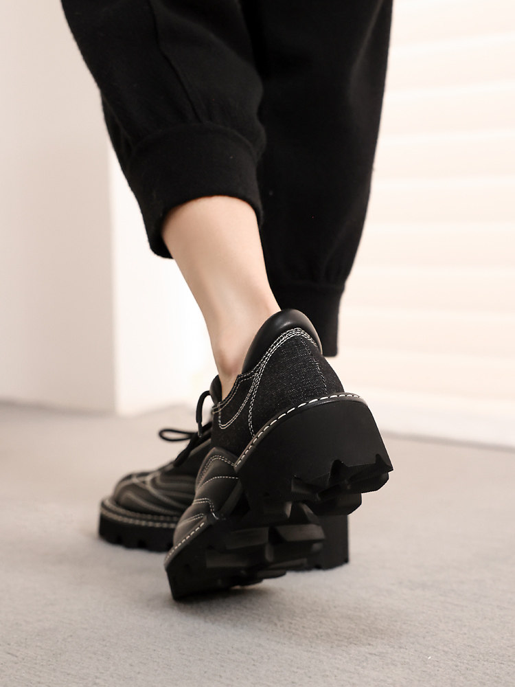 英式精奢德比~小羊皮明衍拼牛仔轻质厚底深口系带布洛克四季鞋特,淘宝优惠券,粉丝福利购,淘宝优惠卷