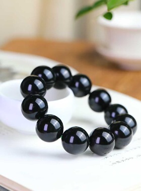 新疆和田玉墨玉手串16mm大珠径男款文玩单圈霸气玉石手链附证书