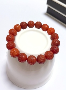 S95# 天然保山南红精工雕刻回纹珠单圈手链 手串12mm 重量35.23克