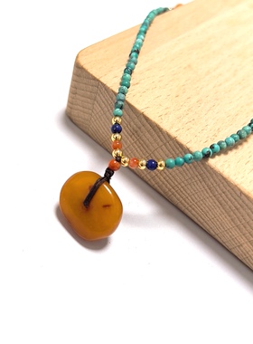 D1279# 天然老蜜蜡饼平安扣吊坠16.5*14*7mm 配绿松石万能链2.5mm