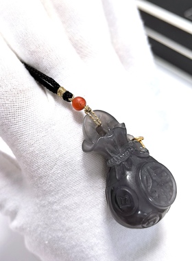 D19# 天然和田玉烟紫料福袋钱袋吊坠毛衣链41.5*23.5*18.5mm