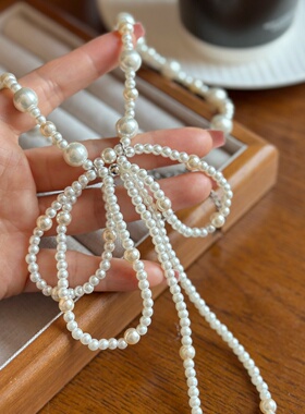 时尚百搭复古系带珍珠蝴蝶结项链