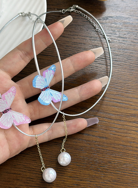 2024新款蝴蝶珍珠流苏项链锁骨链颈带脖子配饰高级感轻奢小众爆款