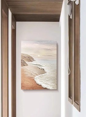 手绘油画沙发背景墙客厅装饰画玄关油画厚肌理海上日出竖版挂画