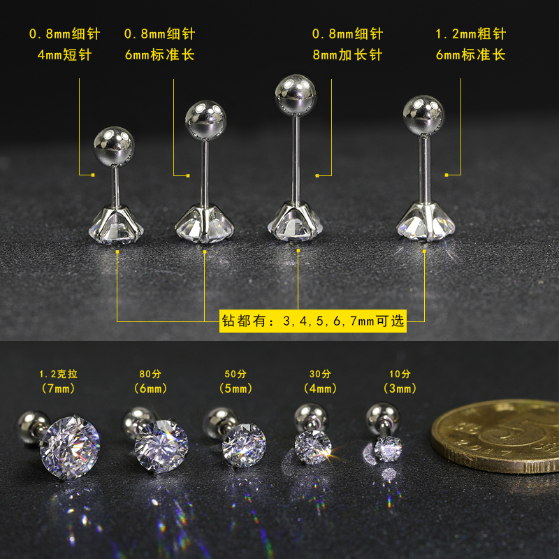 植入级钛合金D色3EX切工莫桑石女耳骨钉耳蜗螺丝拧扣睡觉免摘单只 - 图0