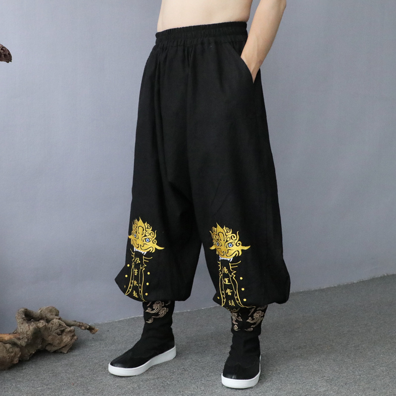 春秋新中国风男装宽松垮裤国潮嘻哈个性萝卜裤复古刺绣哈伦裤男裤 - 图0