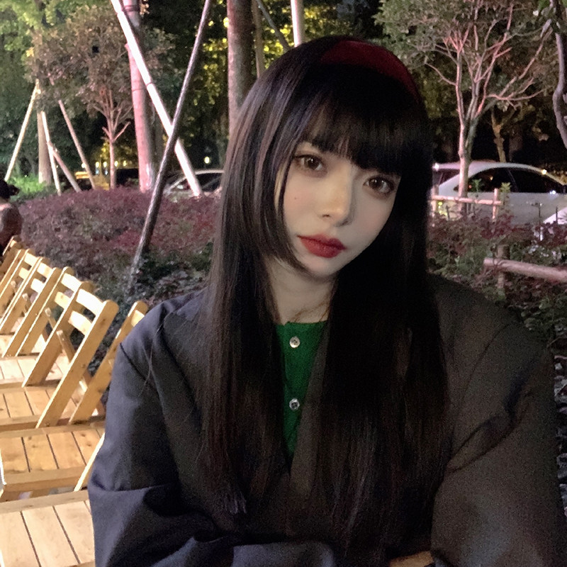 韩国网红女团jk日系假发姬发公主切黑色长直发逼真空气刘海全头式
