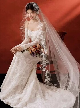 婚纱照复古高级感新娘花边头纱婚礼3米超长椭圆头纱复古手捧花新