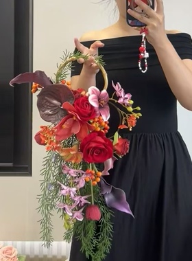 紫色瀑布手捧花仿真花高级新娘结婚当天摄影拍照假花束保湿玫瑰花