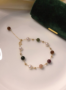Clarea天然淡水珍珠满天星手链女小众轻奢14k包金混彩碧玺手链