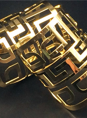 复古图案手镯金色夸张缕空金属手饰Bracelet个性潮开口宽手镯2016