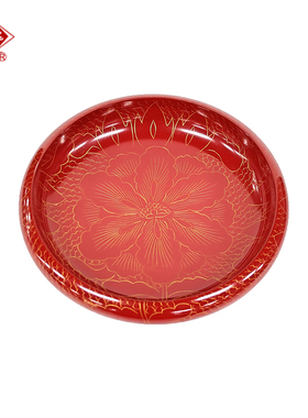 扬州漆器厂黑色花卉图案漆器托盘圆形描金工艺品装饰盘