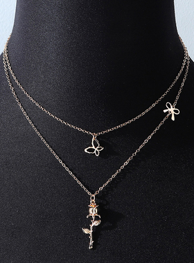 彩衣阁二三多层蝴蝶玫瑰花金属项链欧美朋克个性流行百搭女生饰品