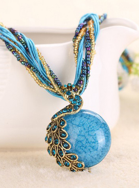 波西米亚风短款多颜色孔雀项链