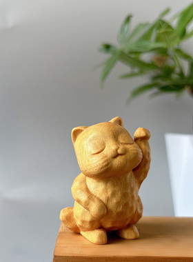 【普陀山官方】黄金檀木雕小猫茶