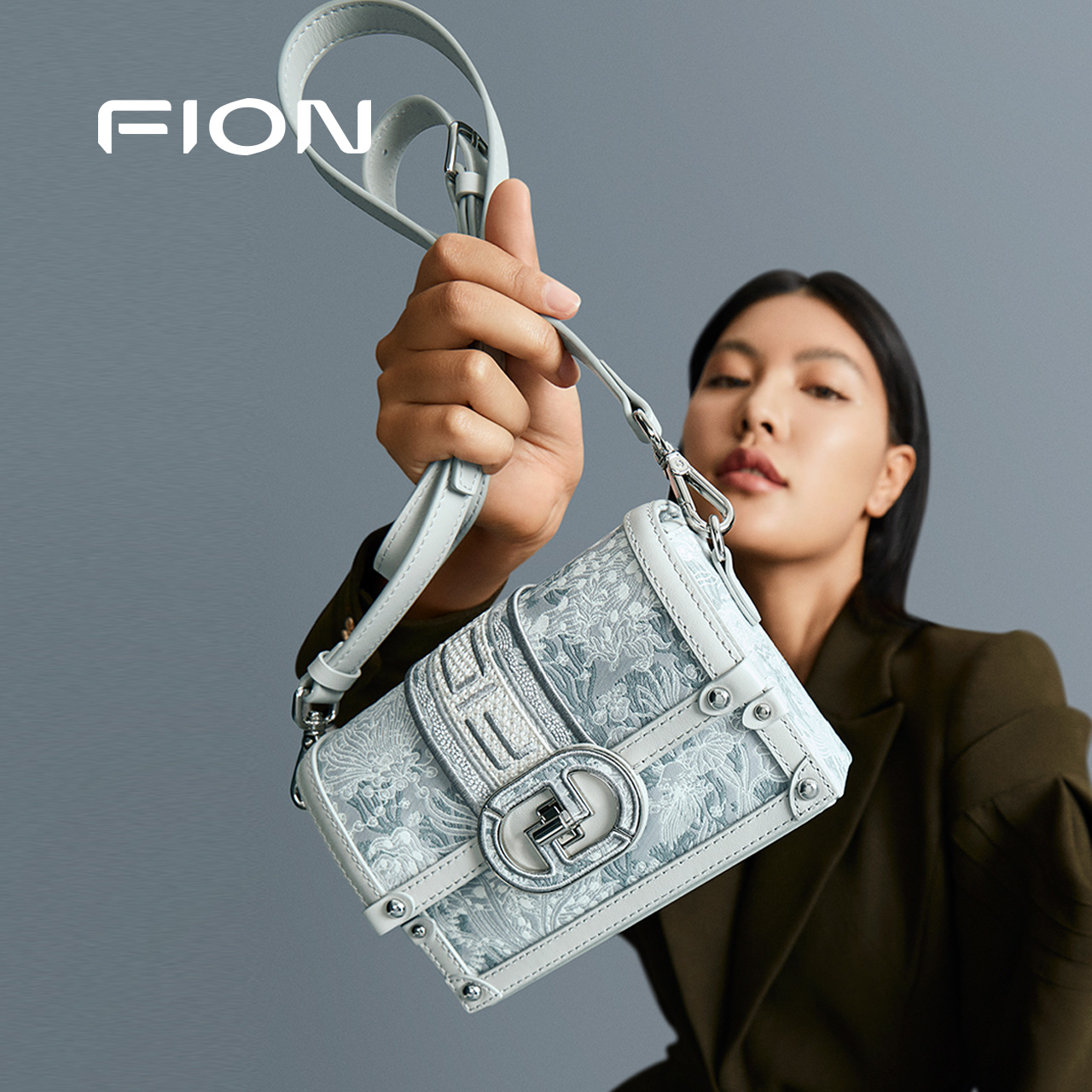 Fion/菲安妮巧锦小方包2024新款 高级感盒子包单肩小众粉色斜挎包 - 图1