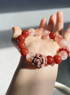 【玫瑰荼靡】天然红胶花红玛瑙小众轻奢血柏木雕刻花时尚百搭手串