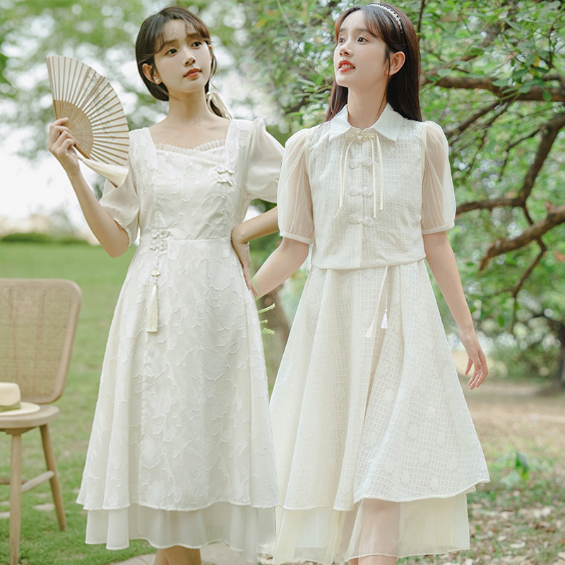 新中式连衣裙国风套装夏季少女法式汉服改良旗袍小个子长裙子女装
