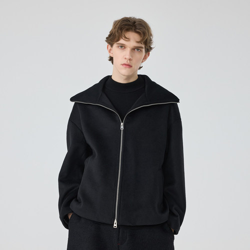 冬季新款短款毛呢夹克外套男士拉链宽松时尚高领羊毛呢子外套潮流 - 图0