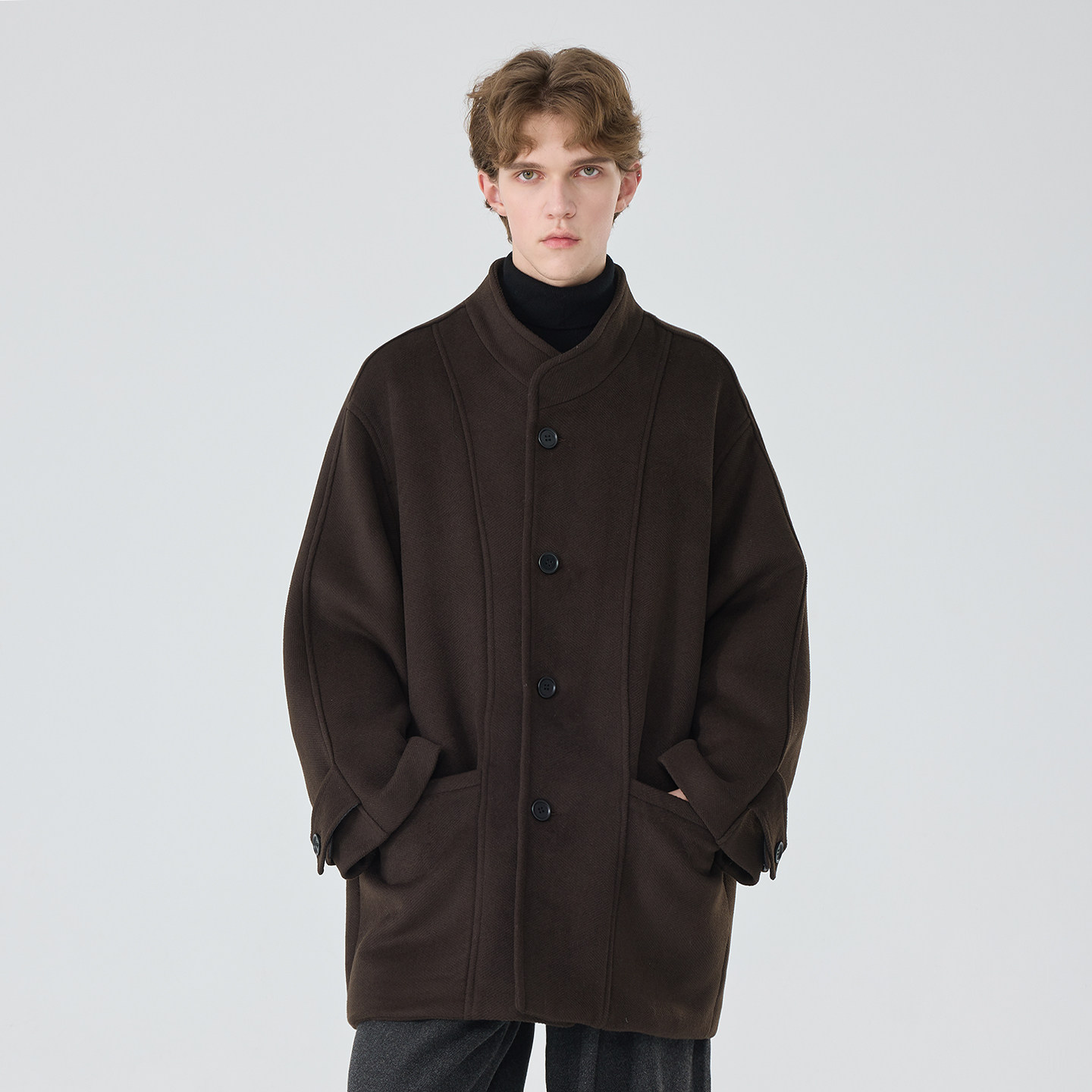 冬季复古大衣男士羊毛呢子休闲宽松日系原创设计师款黑色立领外套,淘宝优惠券,粉丝福利购,淘宝优惠卷