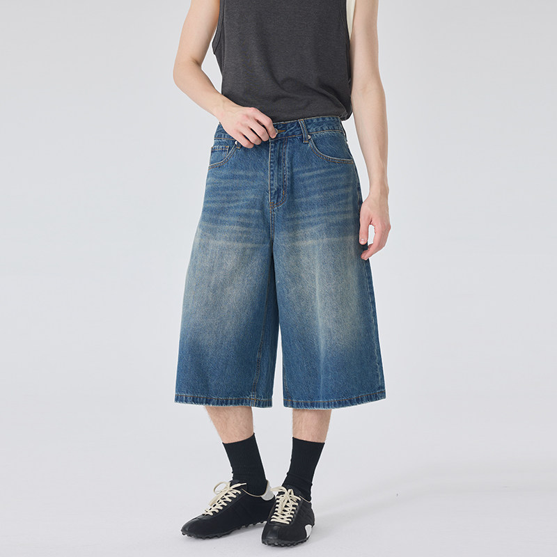 美式复古水洗做旧牛仔裤男士夏季新款宽松直筒阔腿裤休闲七分裤潮,淘宝优惠券,粉丝福利购,淘宝优惠卷