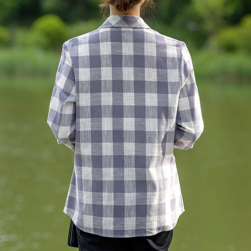 富木纯棉竹节长袖衬衫女新款春秋灰白格休闲衬衣百搭女装WZ-311R2 - 图3
