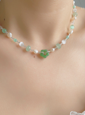 清新绿色琉璃星星珍珠项链