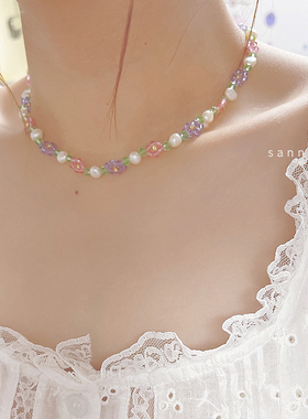 浪漫碎花水晶花朵项链少女感