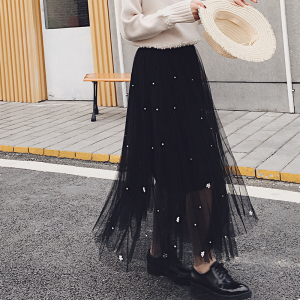 秋冬中长款百褶网纱裙