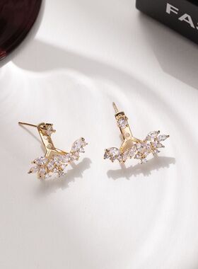 925纯银镀18K金小众设计天使之翼耳钉耳环女气质镶皓石后挂式超美