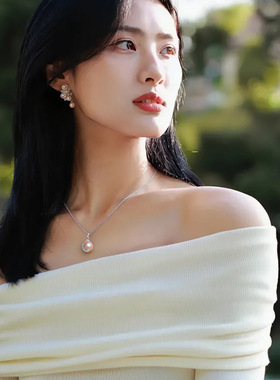 单颗粉光天女珍珠吊坠项链女高级感轻松大气高档颈链毛衣链锁骨链