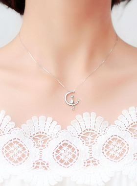 小猫与月亮925纯银项链闺蜜礼物