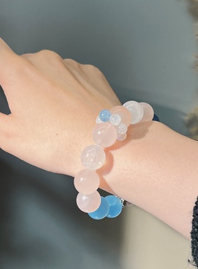 天然海蓝宝粉水晶手链平安转运