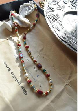 beima红色系新年天然石短项链复古个性毛衣链吉祥精致女孩气质