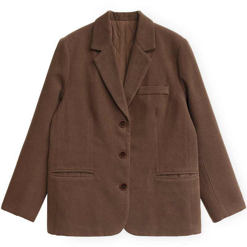 花吉A665咖色复古秋冬内里绗棉毛呢西装棉服外套女韩版宽松2025年 - 图3