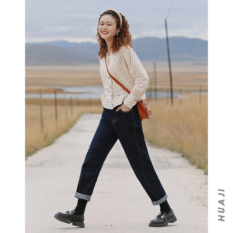 花吉K041深蓝色高腰复古弹性九分斜拼缝线牛仔裤女2025年新款秋冬 - 图2