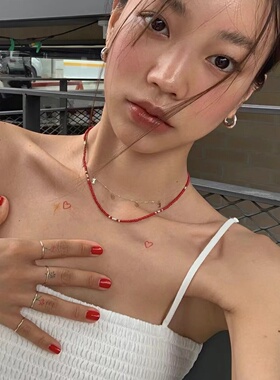 Siaon 红色树脂手工彩串珠S925银珠项链复古ins韩系博主同款爆款