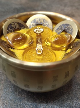 纯铜米缸聚财阵水晶元宝家居风水装饰如意金元宝开业聚宝盆小摆件