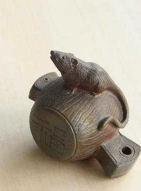 日本备前烧柴窑生肖属鼠粗陶摆件