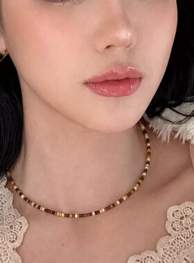 拾年书生 天然黄胶石2mm方糖珠 欧美ins风辣妹细锁骨链