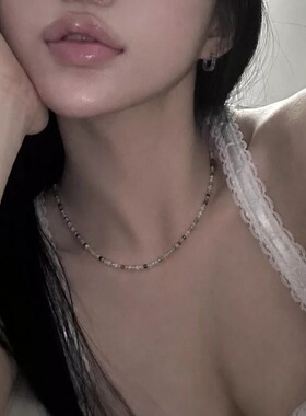 拾年书生 天然彩发晶2mm方糖珠 欧美ins风辣妹细锁骨链