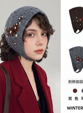 复古刺绣护耳帽女冬季加绒包头帽文艺风保暖防风针织套头帽子