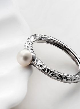 珍珠锤纹戒指925纯银气质女轻奢