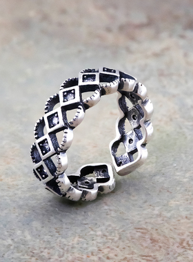 复古镂空菱形休闲风纯银开口尾戒