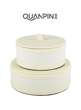 珠宝收纳盒现代轻奢编织皮革圆形木质首饰盒样板间卧室装饰品摆件