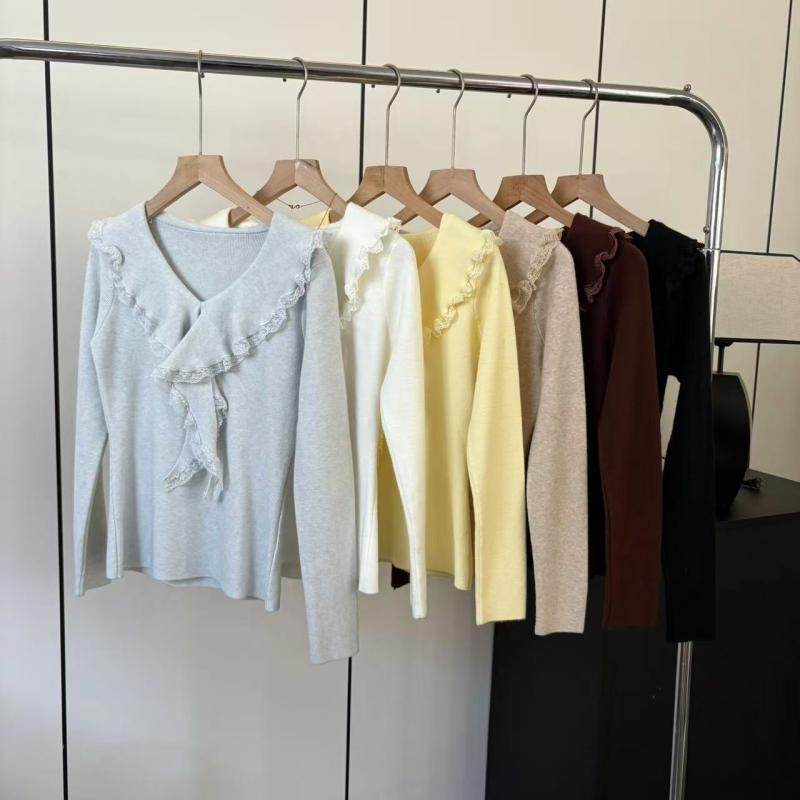 韩系温柔系穿搭！2025秋冬款荷叶蕾丝拼接设计v领显瘦打底针织衫,淘宝优惠券,粉丝福利购,淘宝优惠卷
