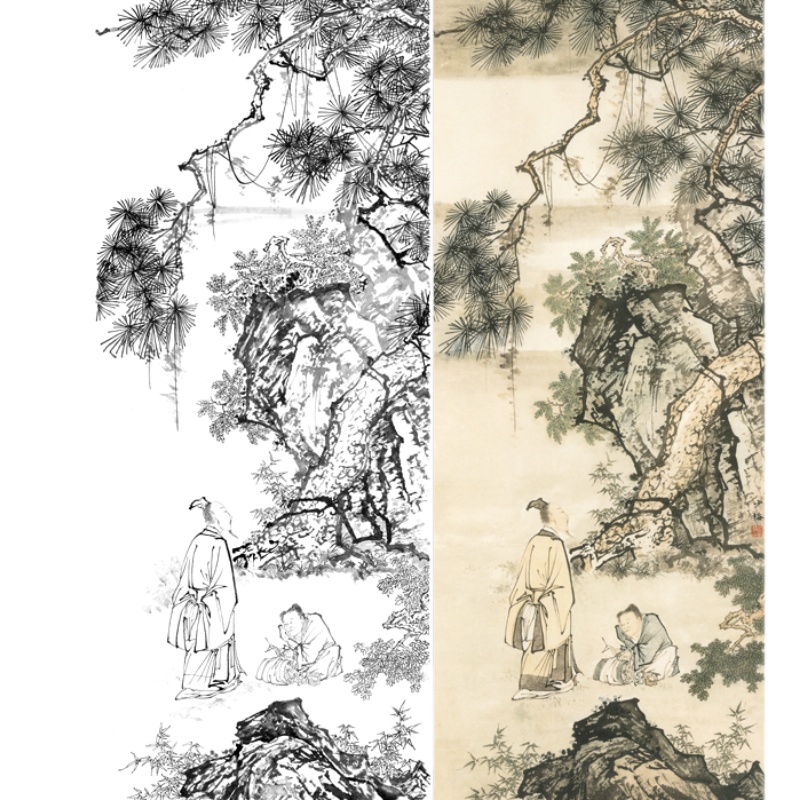 工笔山水画人物画白描底稿国画线描山水画稿临摹勾线练习打印画稿 - 图0