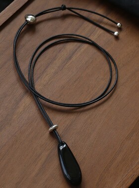 简约韩版水滴黑玛瑙吊坠长款项链女休闲百搭黑色皮绳毛衣链批发